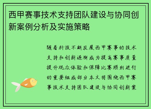 西甲赛事技术支持团队建设与协同创新案例分析及实施策略