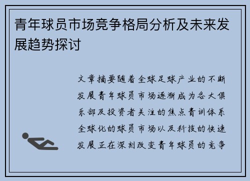 青年球员市场竞争格局分析及未来发展趋势探讨 青年球员市场竞争格局分析及未来发展趋势探讨