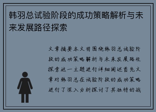 韩羽总试验阶段的成功策略解析与未来发展路径探索