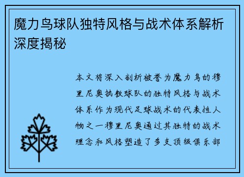 魔力鸟球队独特风格与战术体系解析深度揭秘
