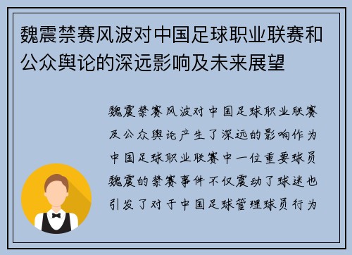 魏震禁赛风波对中国足球职业联赛和公众舆论的深远影响及未来展望